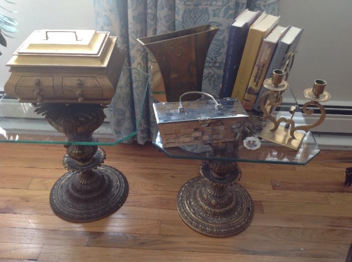 Two brass and glass mid century side tables