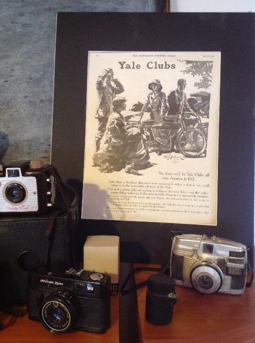 Vintage camera and fun Yale Club bicycle club poster