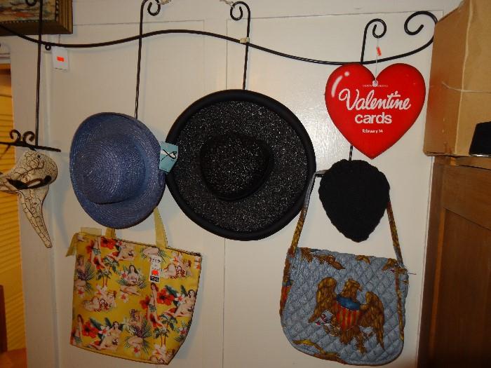 vintage hats, purses, and plate racks
