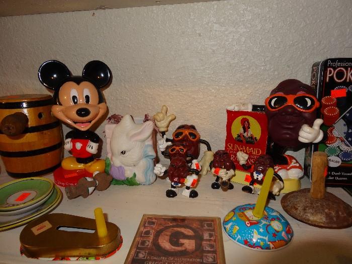 Vintage Halloween sound makers, Vintage Disney memorabilia, Vintage California Raisin toys
