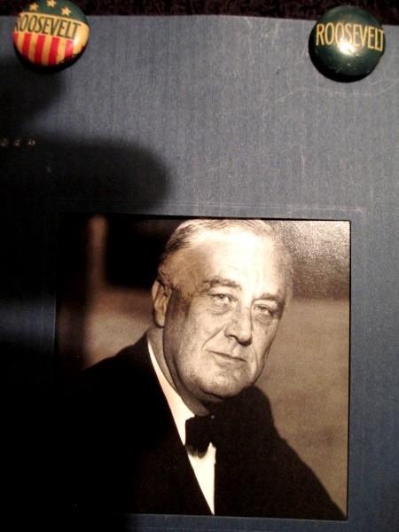President Roosevelt picture, campaign buttons with a 2 page campaign document outlining his programs inside the picture folder.