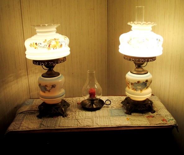 Nice lamps atop silver ware storage cabinet