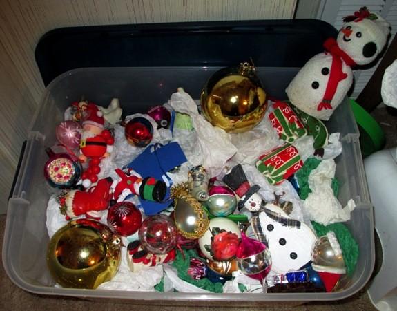 Excellent bin of vintage ornaments--one money takes entire bin