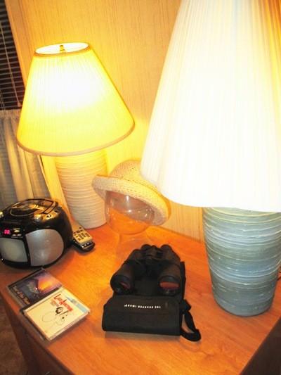 Lamps, nice binoculars, two boom boxes --both working