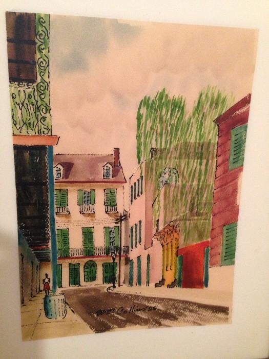 William Collins mid century New Orleans water color paintings. five different scenes, framed