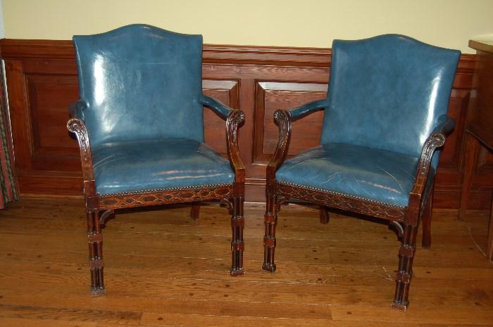 Lot #177  Pair of Chippendale Open Arm Chairs in Blue Leather