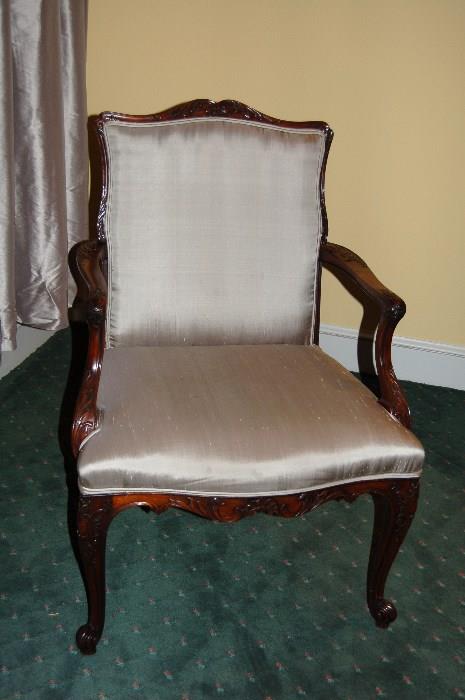 Lot #104  Antique French Open Arm Chair Upholstered In Grey Silk Fabric