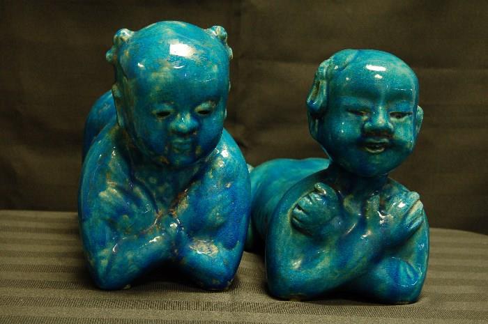 Lot #155  Two Antique Chinese Turquoise Pillow Babies