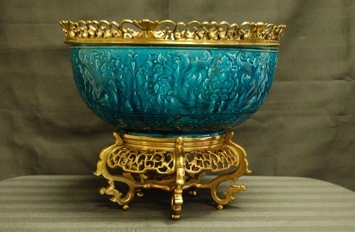 Lot #152  Large Turquoise Chinese Bowl with outstanding brass mounts (bowl has been repaired)