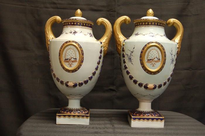 Lot #90  Pair of Mottahedeh Amorial lidded Urns