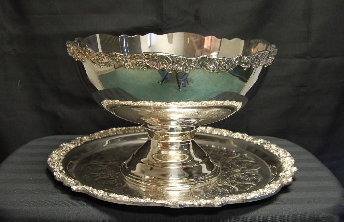 Lot #127  Large Silver Plate Punch Bowl, Tray, 24 cups, and ladle