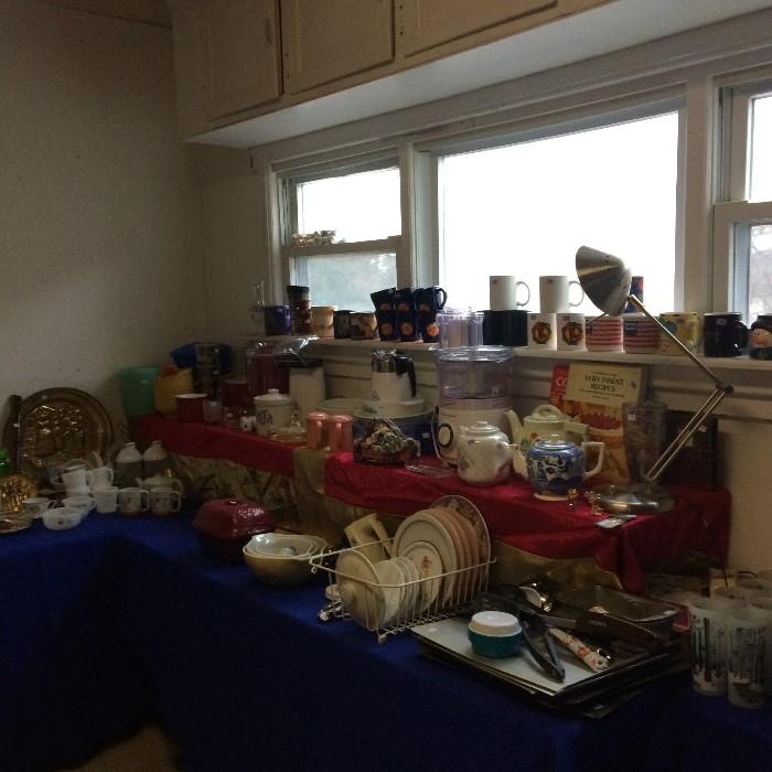 Small appliances - food processors, Wolfgang Puck items, tea pots, Tupperware, coffee cups, Fireking, Pyrex, utensils