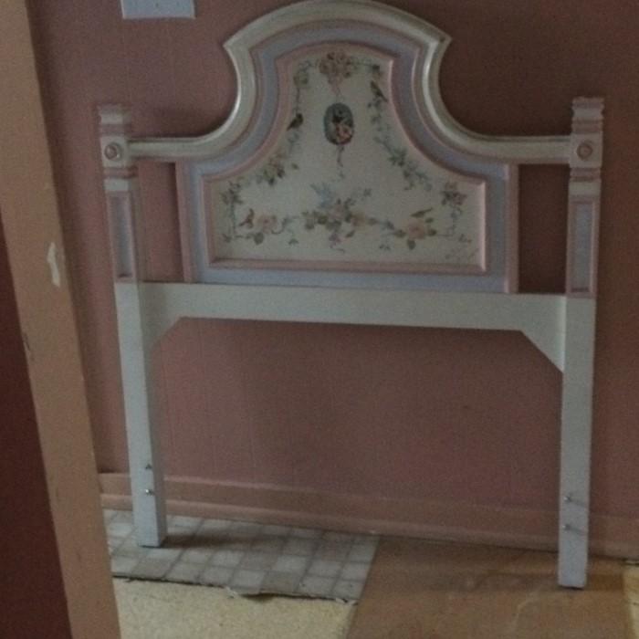 nice hand painted single bed headboard, signed - pink floral designer