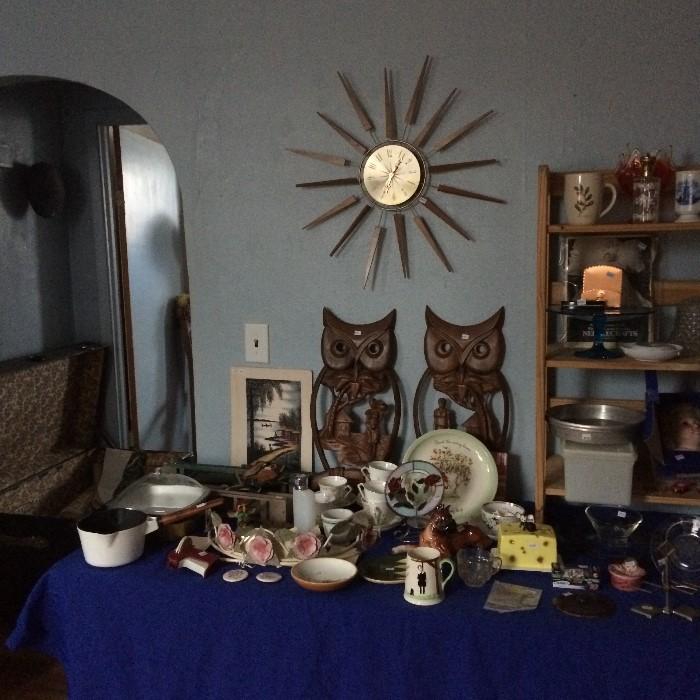 sunburst clock, owl wall art, vintage and antique items, dolls, and more