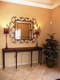 LARGE DECORATIVE IRON MIRROR W/ ITALIAN-STYLE CARVED CONSOLE TABLE