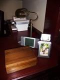 BRASS DESK LAMP, CIGAR HUMIDOR, & PICTURE FRAMES