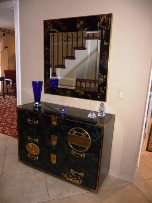 MASTERCRAFT BY BAKER ASIAN-STYLE FAUX GREEN MARBLE CHEST WITH DECORATIVE BRASS HANDLES/TRIM AND ASIAN-STYLE MIRROR.