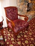 CARVED CHERRY ARMCHAIR IN BURGUNDY VELVET - 1 OF A PAIR.