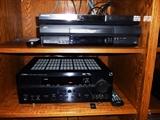 TOP SHELF: SAMSUNG BLUE RAY DISC PLAYER AND JVC VHS PLAYER. BOTTOM SHELF: YAMAHA NATURAL SOUND AV RECEIVER RX-V661.