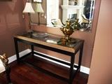 BLACK LACQUER CONSOLE TABLE WITH WOVEN/GLASS TOP AND RUSSIAN PAINTED SAMOVAR.