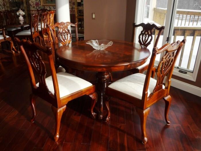 ANTIQUE-STYLE CARVED MAHOGANY MARQUETRY CENTER TABLE. DINING CHAIRS ARE SOLD WITH LARGE DINING TABLE.