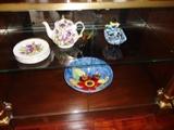 CHINA TEA POT W/ 6 PLATES, MURANO GLASS CLOWN BOWL, AND HANDPAINTED BOWL.