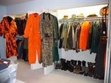 MEN'S CLOSETS #3 AND 4: HUNTING GEAR - MANY PIECES NEW/NEVER WORN WITH TAGS - MOST SIZE MED/LARGE. BOOTS ARE SMALLER SIZES - 8