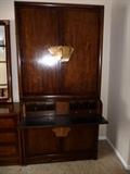 HENREDON MAHOGANY ARMOIRE/SECRETARY WITH PULL-OUT WRITING DESK. LARGE ASIAN-STYLE BRASS BUTTERFLY HARDWARE. 1 OF A PAIR.