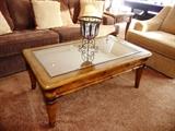 WOOD/GLASS TOP COFFEE TABLE AND MATCHING END TABLE