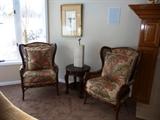 PAIR OF CRAFTMASTER WINGBACK ARMCHAIRS W/ WICKER SIDES & TROPICAL PRINT FABRIC/PILLOWS