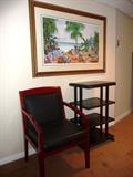 LITHOGRAPH BY EILEEN SEITZ, "GAZEBO COAST" WITH CHERRY ARMCHAIR AND ELECTRONIC RACK STAND