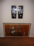 ASIAN DECORATED WALL PLAQUES & 4 PANEL SCREEN