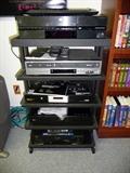 1 OF SEVERAL RACK STANDS FOR SALE WITH JVC, DENON, HP, AND GO VIDEO ELECTRONICS