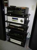 RACK STAND - MUSICAL FIDELITY AMP & PRE AMP, HARMAN KARDON RECORDER/PLAYER, & SONY CASSETTE DECK