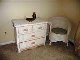 WHITE WICKER CHEST AND BOUDOIR CHAIR