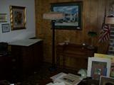 record cabinet, old oak lamp, walnut desk, tons of art....