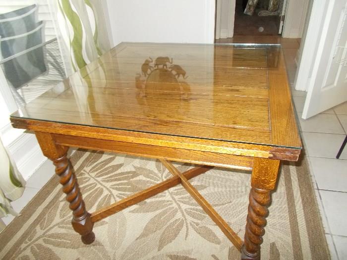 VINTAGE OAK SQUARE TABLE - glass top - turned legs -