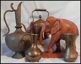 Brass and Copper.  Carved wood Elephant.