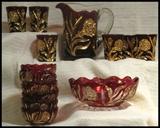 red and ruby glass pitcher glasses bowl with gold trim
