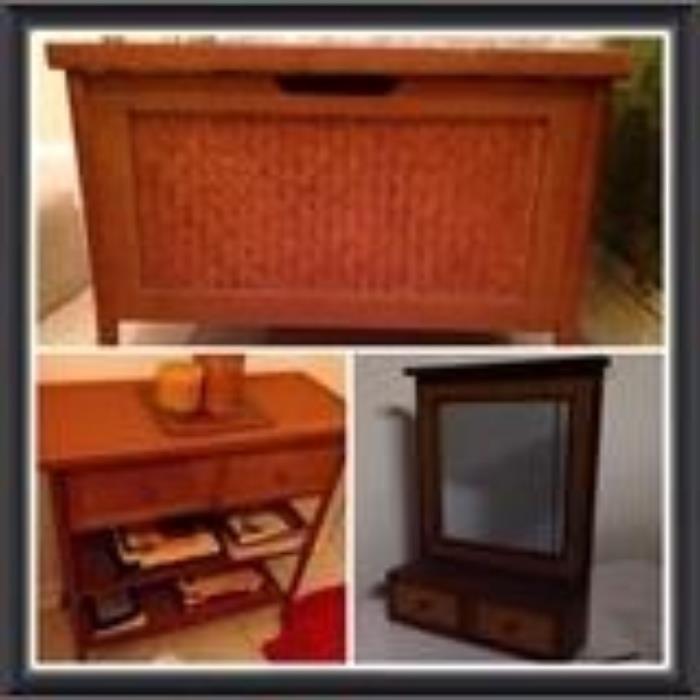 Wicker set includes: mirror, storage chest table with drawers and shelf