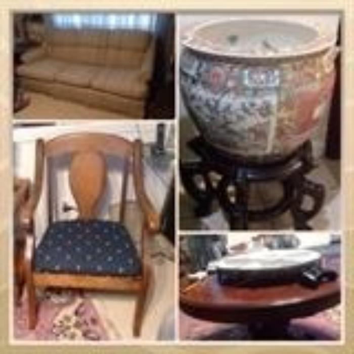 Laz-Z-Boy Queen Size Sleeper Sofa, Japenese decorative ceramic pot, Antique side chair, round wooden table.