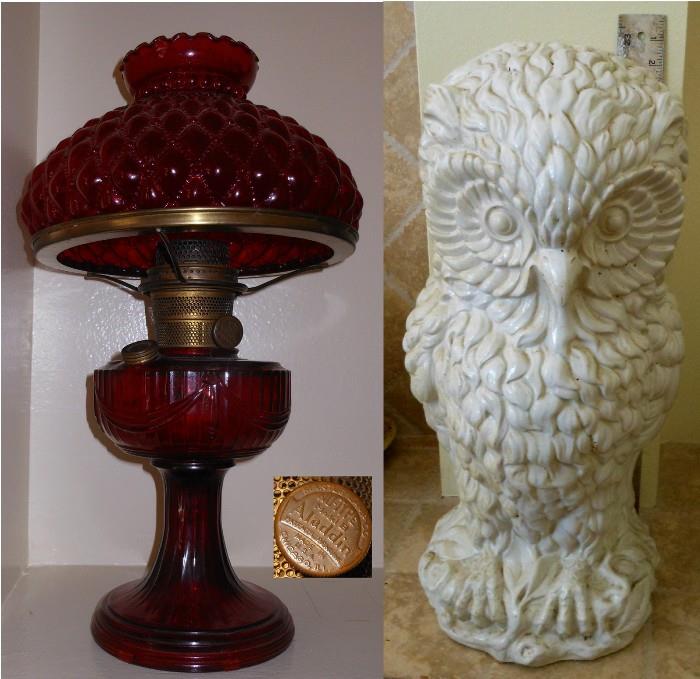 Gorgeous Aladdin Oil Lamp in Ruby Glass and Large Owl Statue