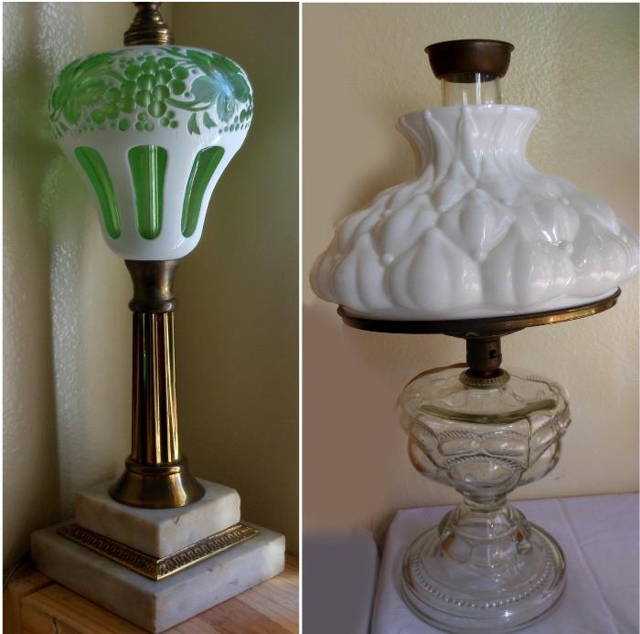Boston Sandwich Co. Double Overlay Opaque White Cut to Green Glass Lamp and Electrified Oil Lamp