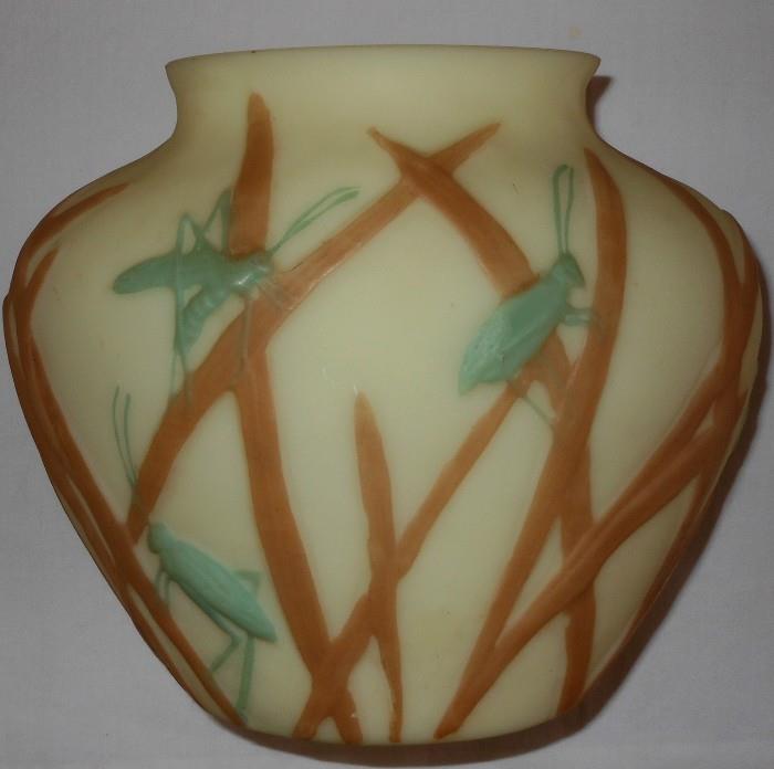 Consolidated Glass Martele’ Katydid or Grasshopper Ovoid Vase c 1926, Bi-color on Satin Milk Glass