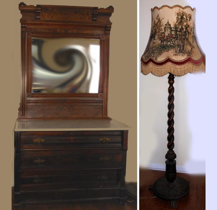 Eastlake Dresser with Mirror and Marble Top and Large Carved Wooden Floor Lamp with Huge Pictoral Shade