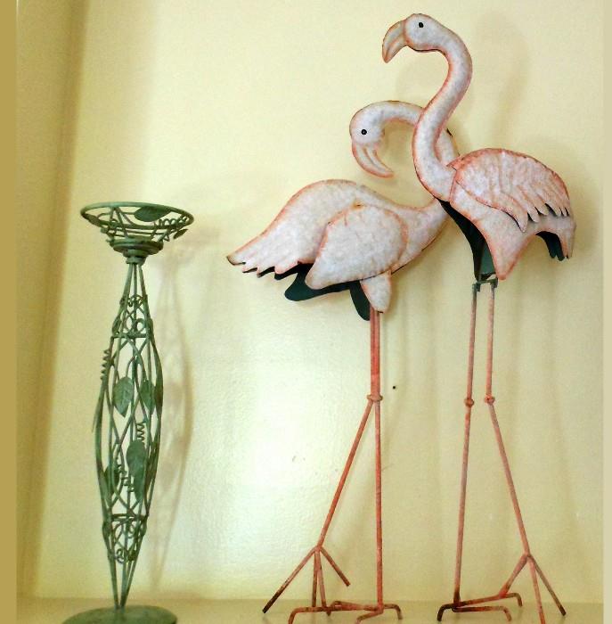 Tall Metal Flamingos and Metal stand for a small plant 