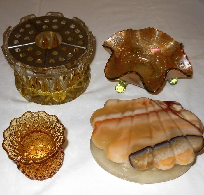 Carnival and Depression Glass and Alabaster Shell Box