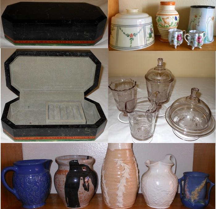 Onyx Jewelry Box, Roseville Vase, Good Pottery, Glass and Ceramic Items 