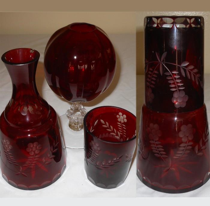 Etched Ruby Glass Decanter and Tumbler