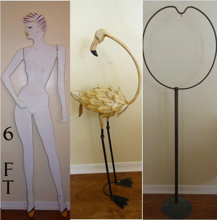 Very Cool 6 Foot Tall Wooden Lady, Large Metal Flamingo and Bird Cage Stand